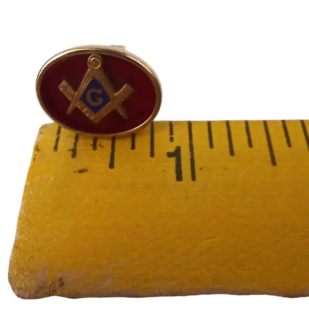 Vtg Freemason Masonic Cufflinks Red Enamel Oval Mason Goldtone Square & Compass